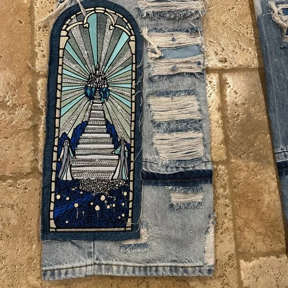 Who Decides War WDW Final Destination Patch Crystal / Rhinestone Distress Denim
